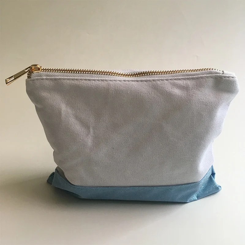 Cosmetic packaging 9*7 inch makeup travel bag with canvas glitter bottom, canvas pencil pouch /  canvas make-up bag