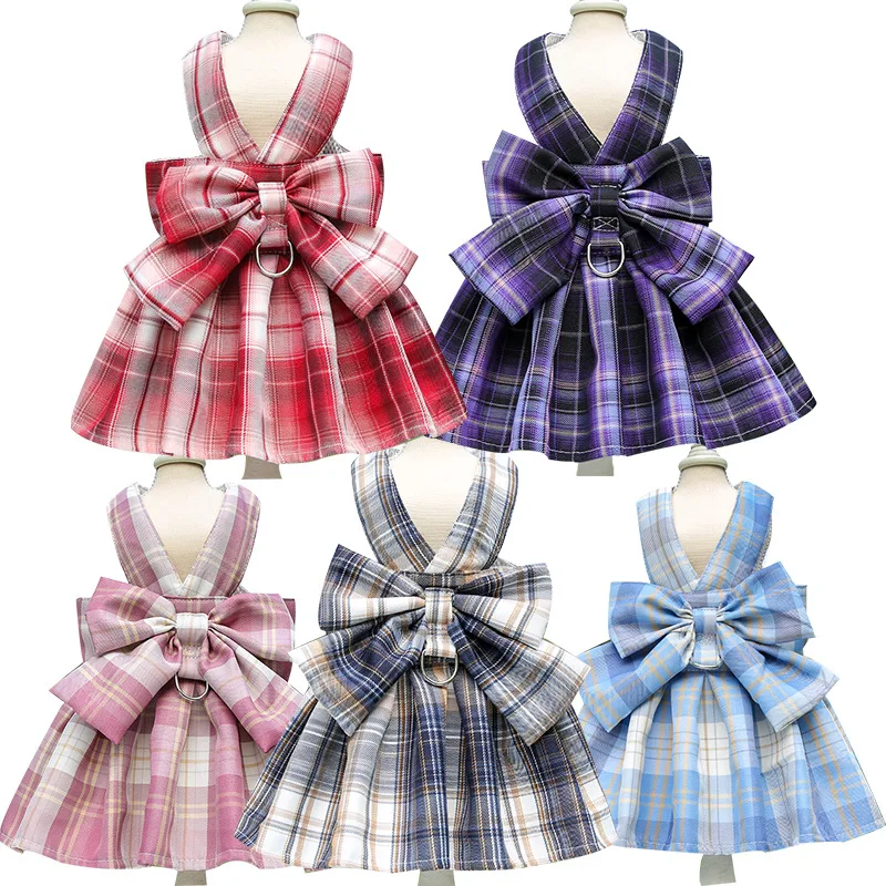 Manufacturer Spring Summer Pets JK Skirt with Traction Rope Puppy Plaid Skirt High Quality Pet Dress for Dogs and Cats
