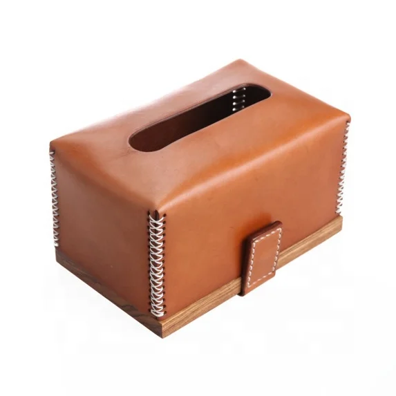 Luxury Handmade Genuine leather tissue box ebony wood bottom real leather napkin cover tissue holder for hotel home