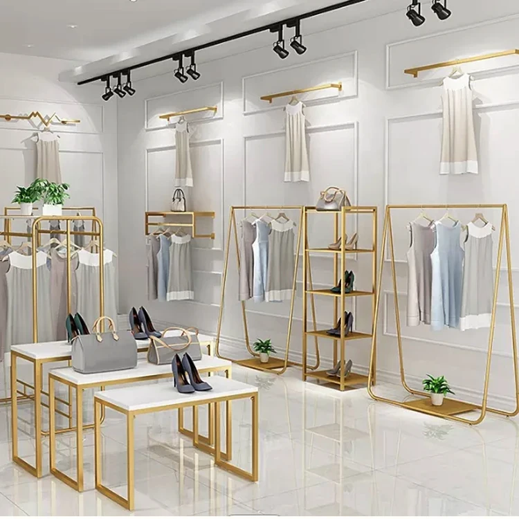Boutique Store Design Nested End Table Set Clothes Rack Shop Fitting Gold Garment Rack Display Table