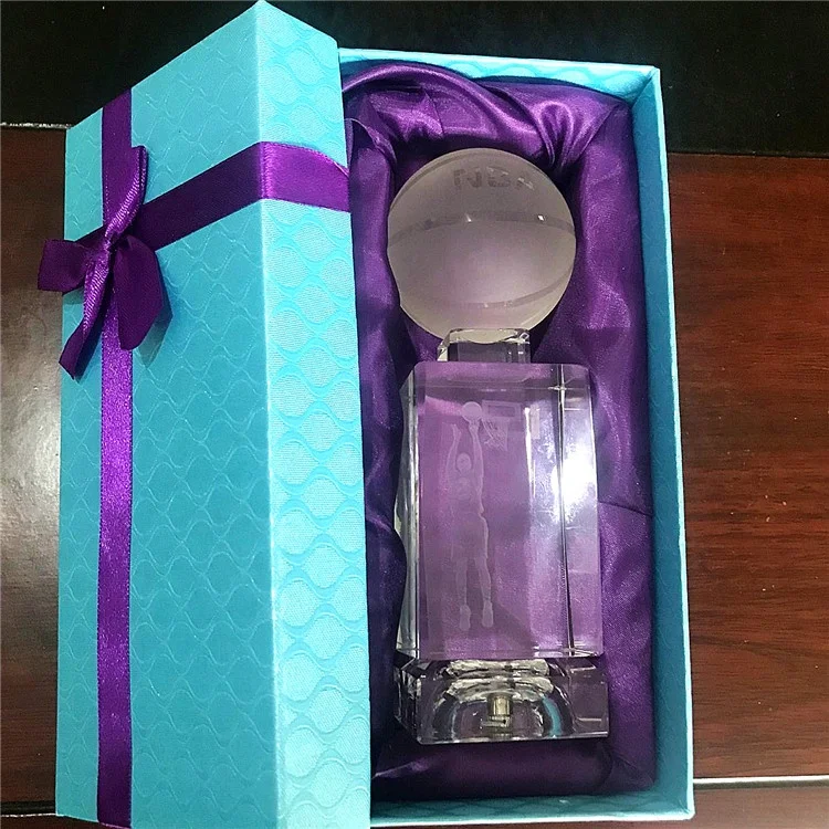 Wholesale Basketball Award Souvenirs 3d Laser Engraved Crystal Glass Cube With Led Light Base