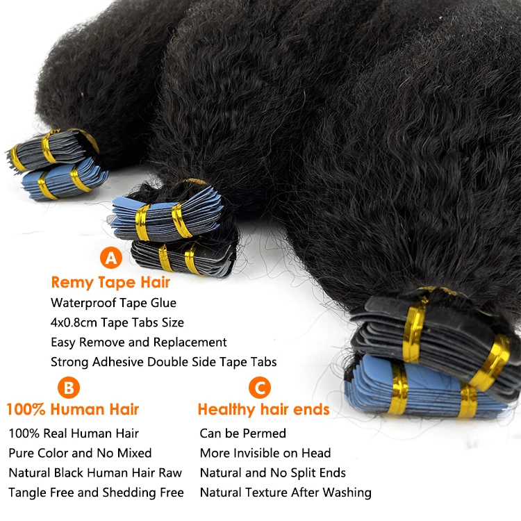 Natural Curly Vietnamese Yaki Straight Raw Indian Hair Tape Ins Thick Kinky Straight Tape In Human Hair Extensions