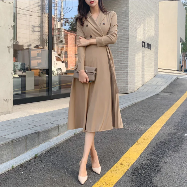 Fashion Clothes Women Formal Long Sleeve Pleated Dress Solid Color Office Lady Women Dress Elegant Midi Dress