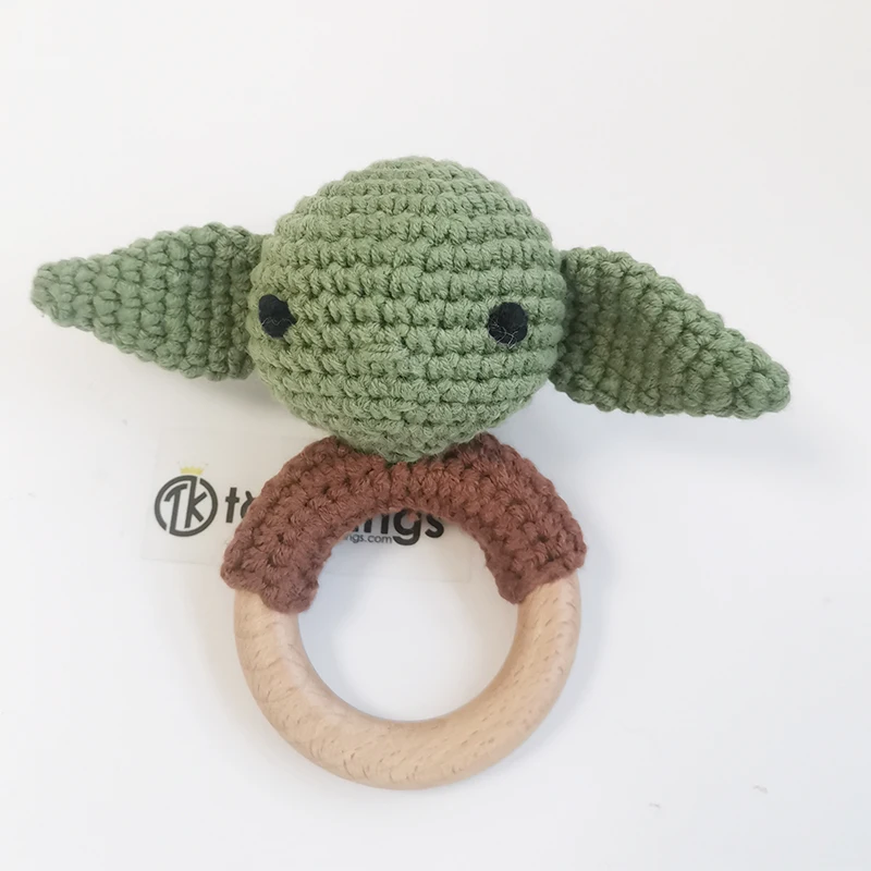 Handiwork Crochet Baby Yoda Rattle Toys Amigurumi Yarn Knitted Beech Wood Teether Star