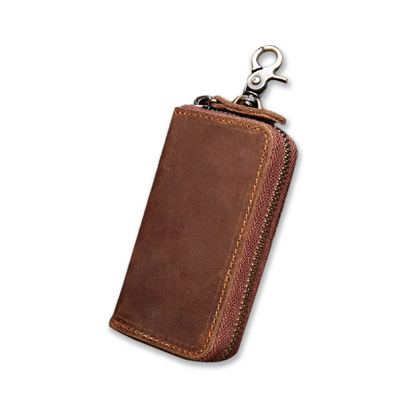 New Design Crazy Horse Leather Car Key Holder Case Key Wallet Coin Purse Keyring Zipper Pouch Waist Hanging Key Bag for Men