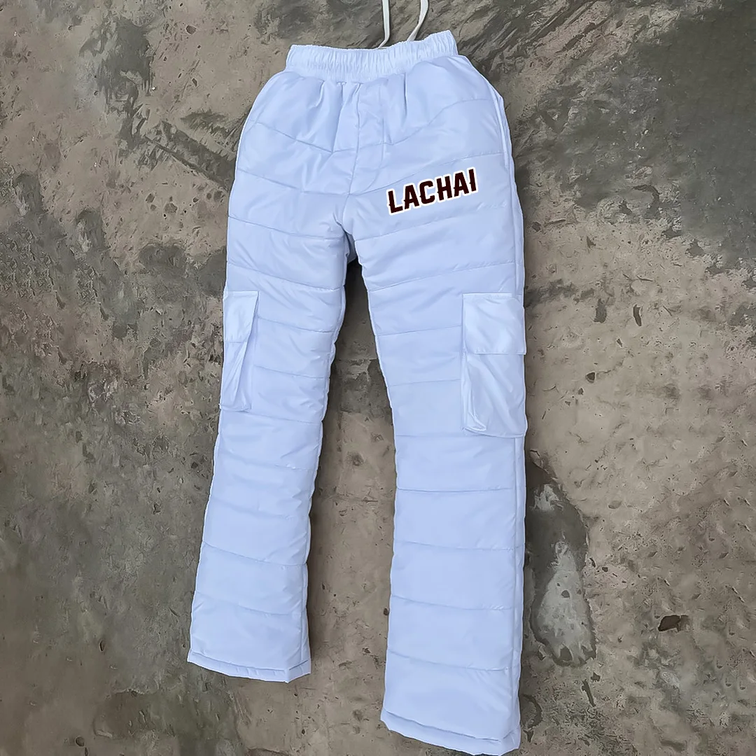 2024 New Winter Fluffy Winter Down Warm Thick Cotton Pants with Pockets Chenille Embroidery Logo Windproof Pants