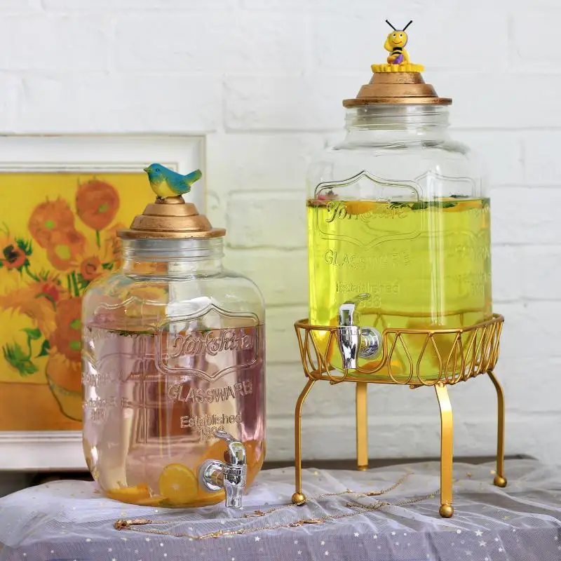 Стеклянная самообслуживающаяся бутылка для напитков объемом 5 литров банка сока с краном и крышкой из смолы в форме животного