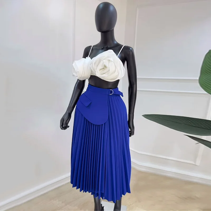 Vintage Pleated Midi Long Skirt For Women 2024 Summer New Design Sense A-shaped pleated long skirt Commuter belt skirt