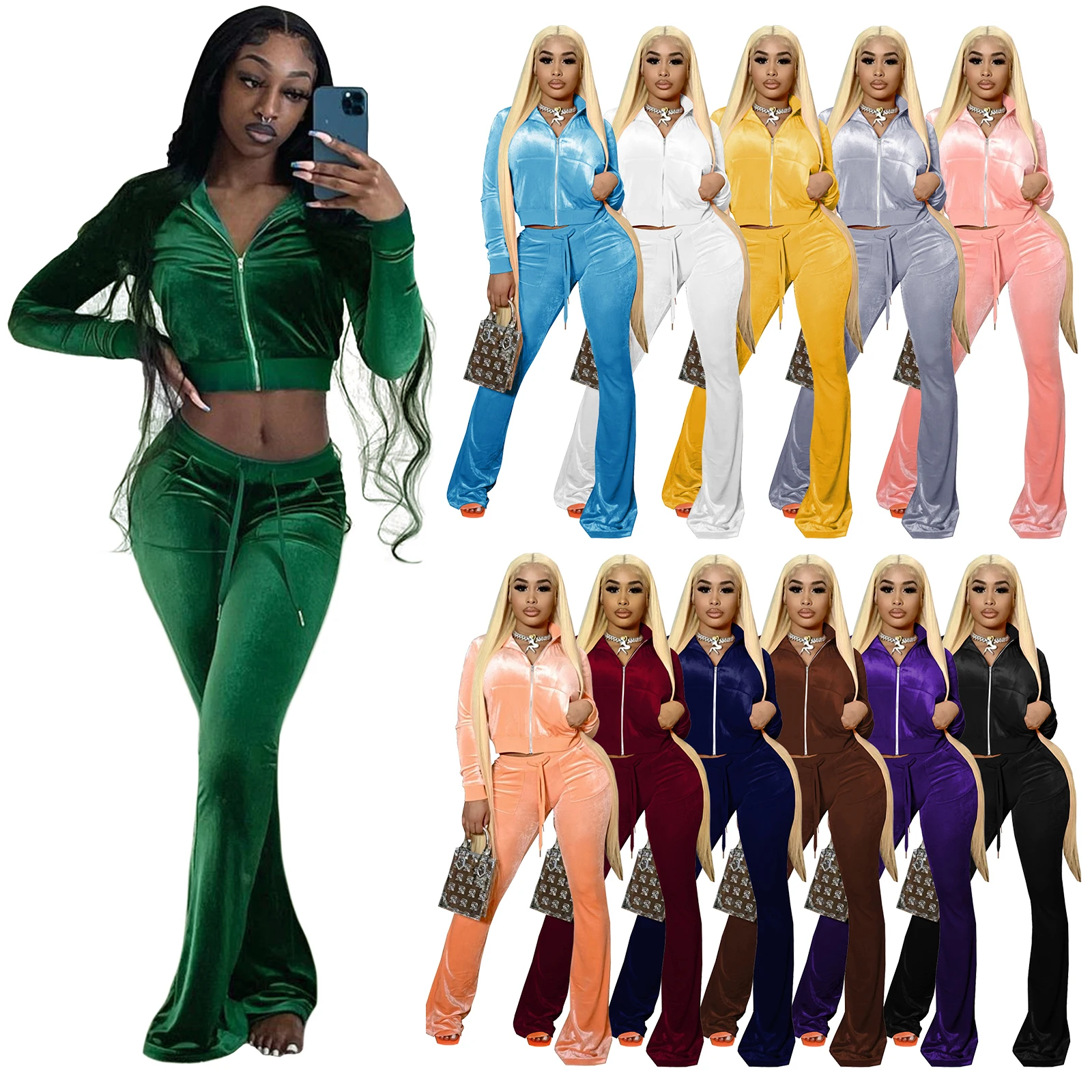  Fall Sweatsuit Women Velvet Outfits Autumn Crop Top Sweat Wide Leg Pants Sets Two Pieces Velour Tracksuits