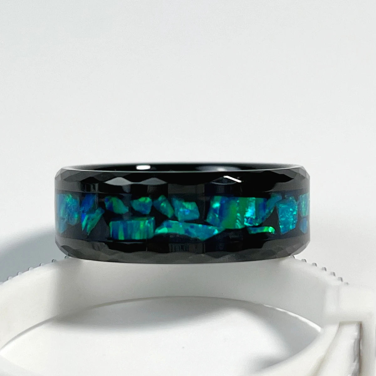 Crystal Meteorite Debris Sand Stone Opal Inlay Tungsten Carbide Ring Men