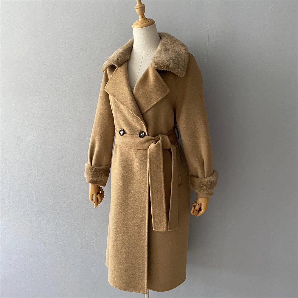 Soft Warm Slim Fit Long Style Double Faced Cashmere Coat Belt Luxury Women Winter Custom Logo Real Mink Fur Coat 100% Wool