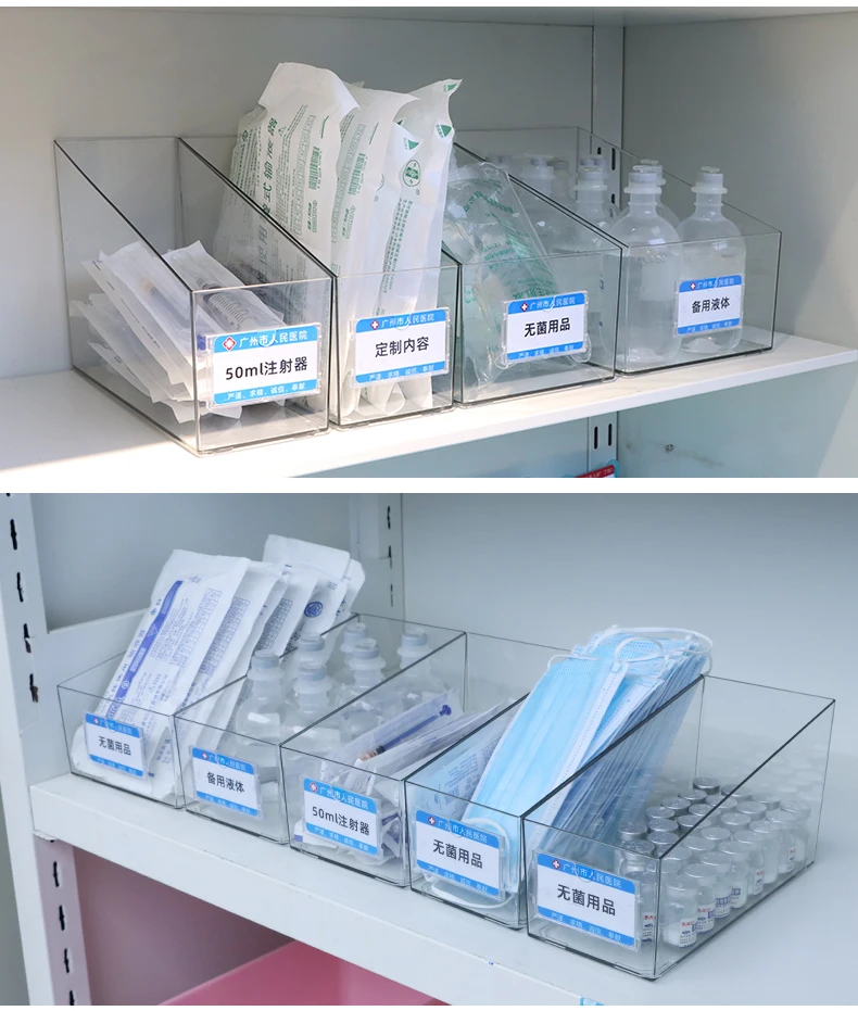 Hopital Clinic Pharmacy Shelves PET Transparent Tilt Open Organizer Iterm Tilt Opening Serving Tray Plastic Storage Box Basket