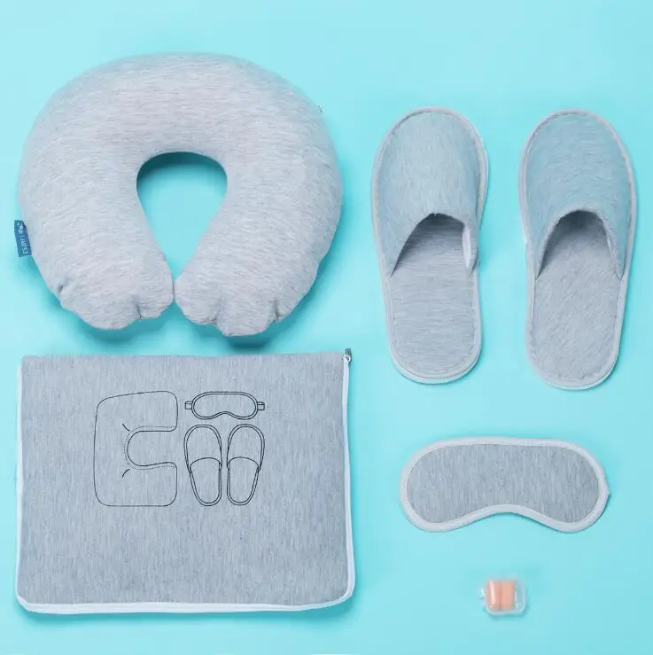 Travel Blanket 4 in 1 Travel Set Inflatable Pillow with Neck Support Eye Slippers Ear Plugs