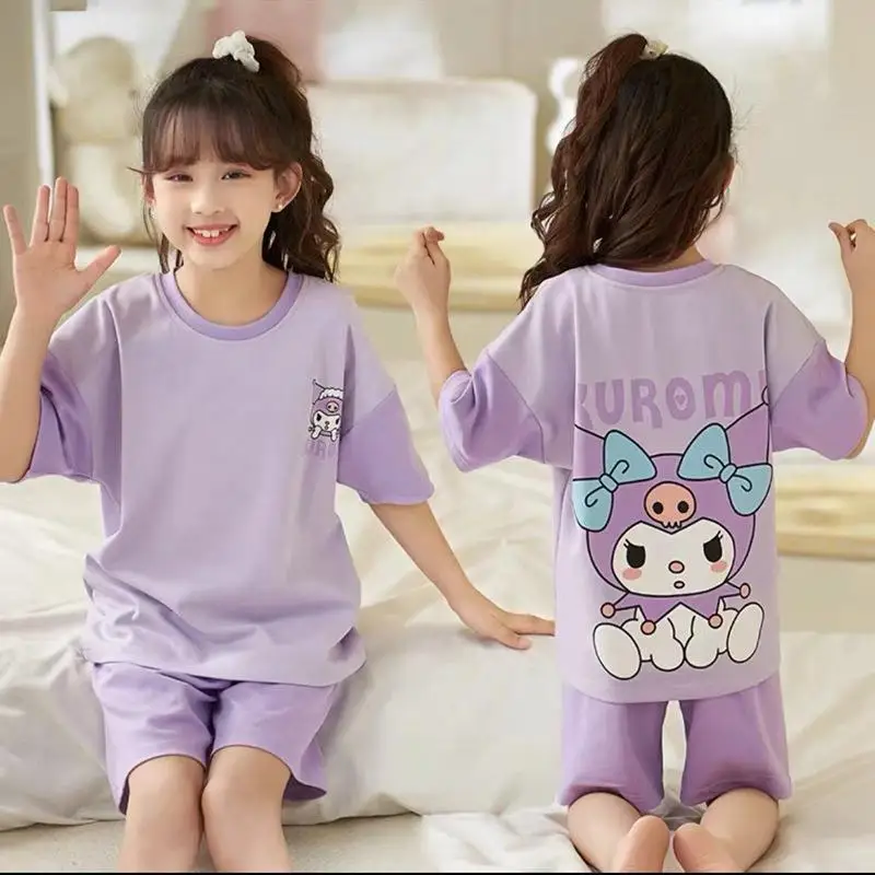 Cartoon Print Short Sleeve Kids Pajamas Set Girl Summer Thin Air Conditioning Pajamas Comfortable Home Wear