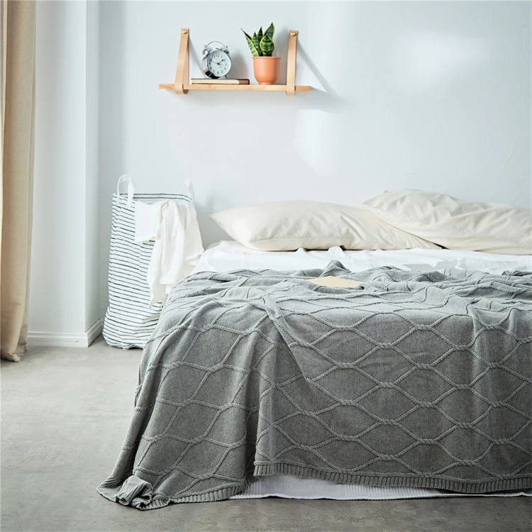 AGS Rhomboid Crochet 100% Cotton Knitted Throw Blanket Cable Home Decoration Soft