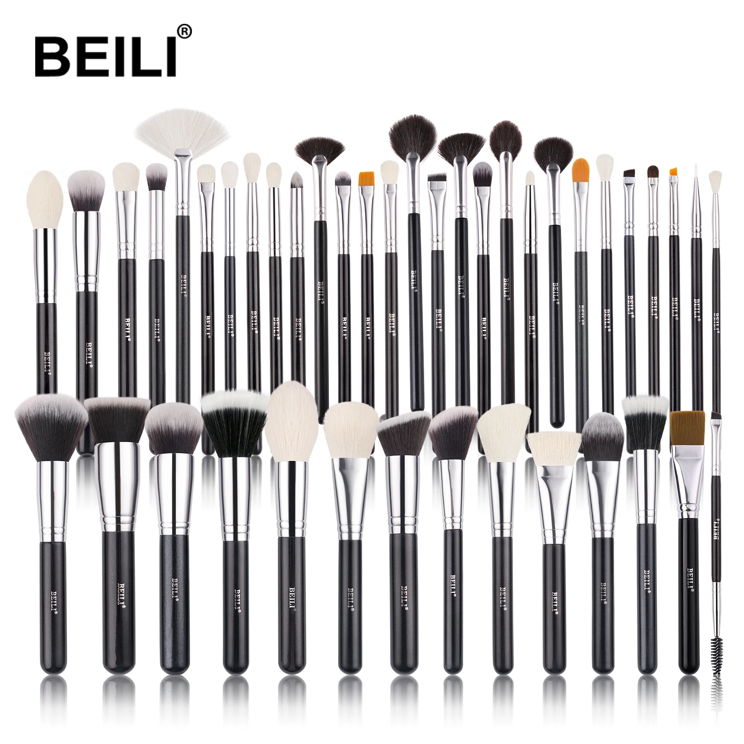 BEILI 42 pcs shiny black handle foundation powder fan eyeshadow makeup brush set daily makeup brushes private label