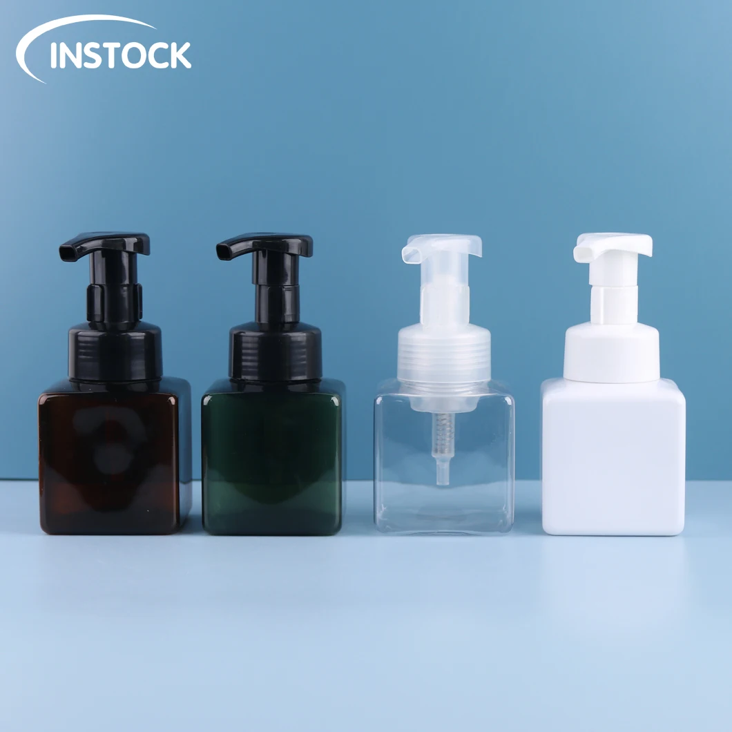 Stock square Cosmetic Packaging 250ml dark green Press Pump Plastic Bottle hand Wash Dispenser PET Alcohol Liquid Foam Bottles