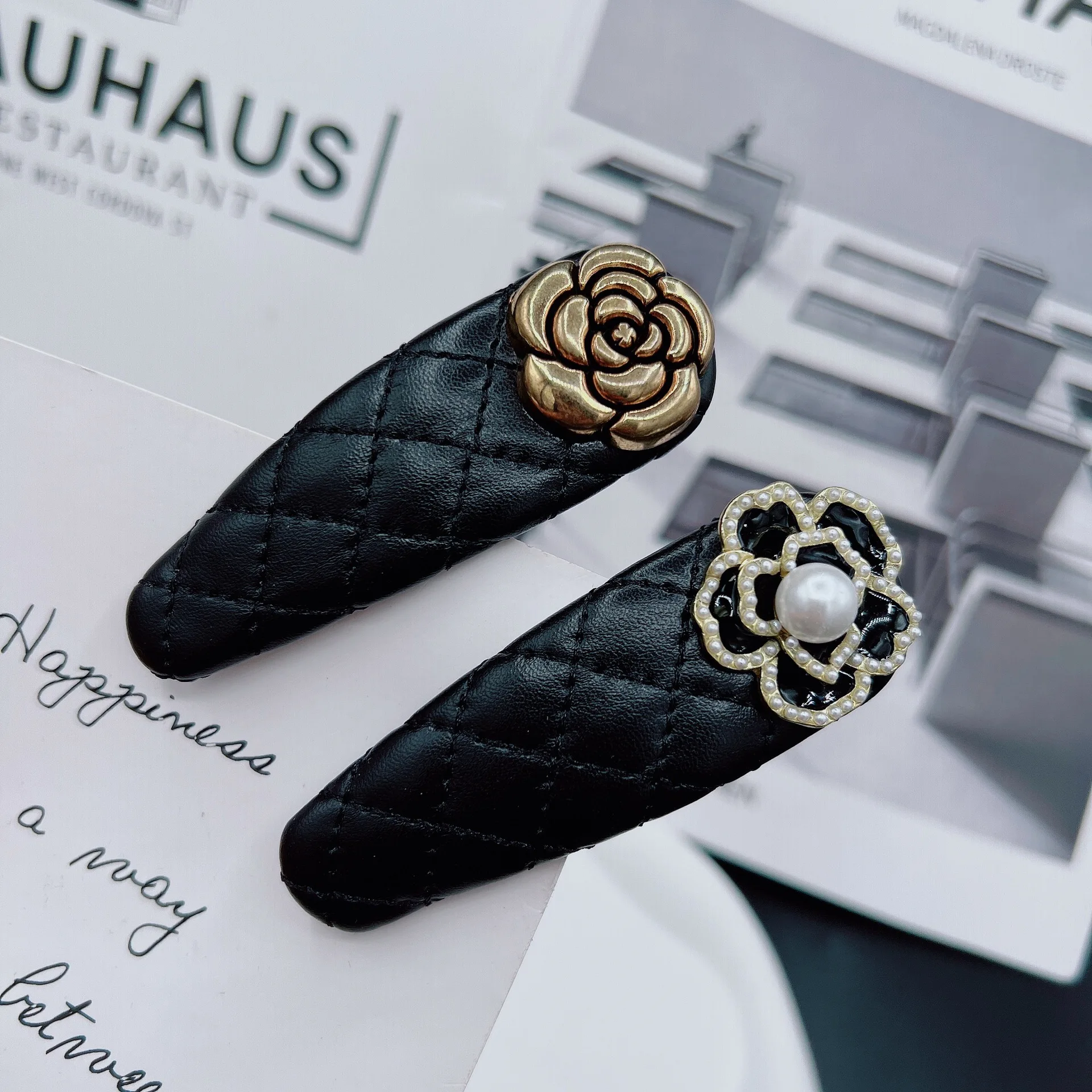 New Arriving Camellia Hairclip PU Leather Flower Hairpins Retro Pearl Hairgrips Temperament Women Hair Accessories