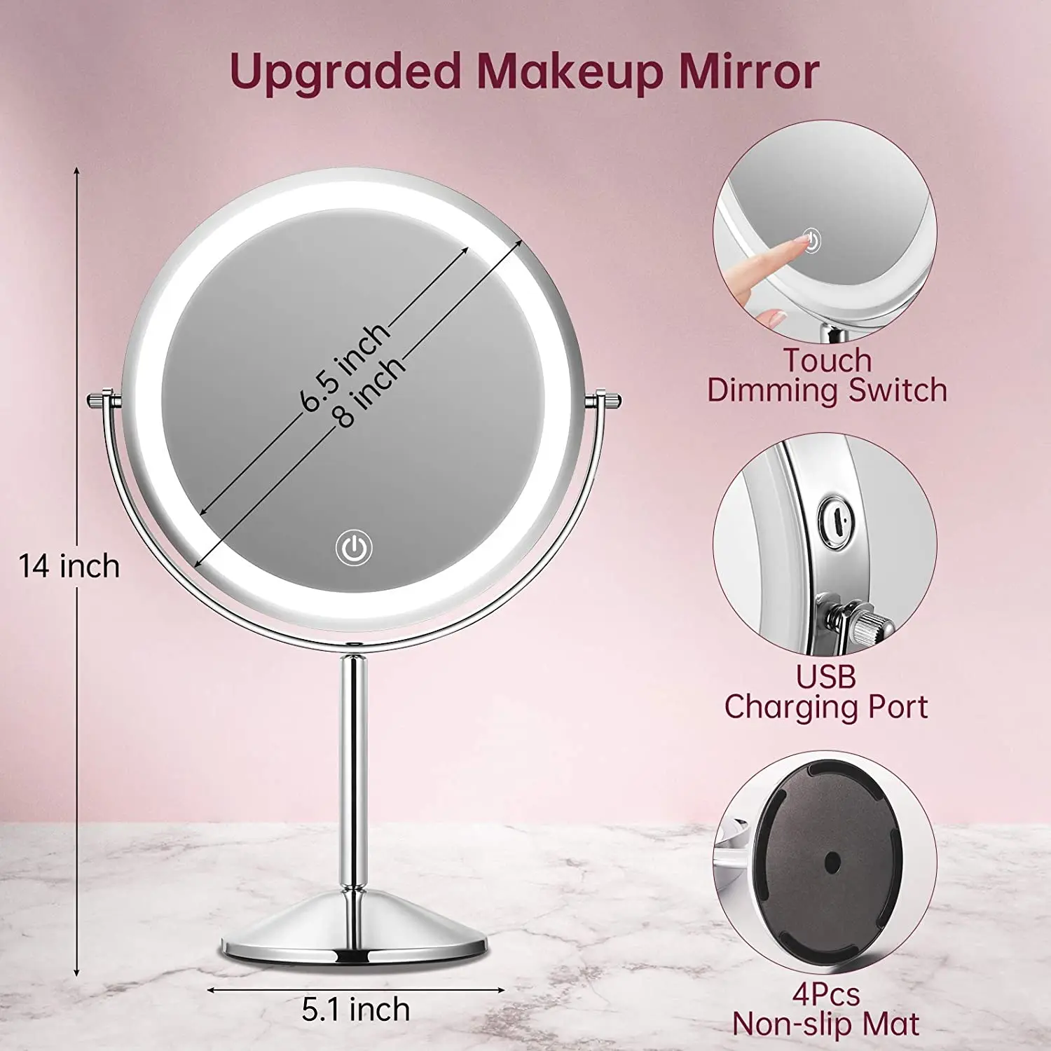 Amazon Hot-selling Wholesale Portable Desktop Wireless USB Charging Cosmetic Vanity Lighted Makeup Mirror