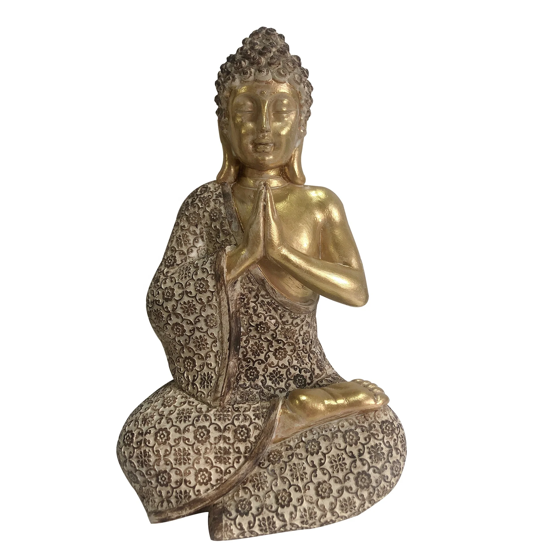 19.5cmH Polyresin Resin Praying Sitting Buddha Statue Figurine Gold Finish