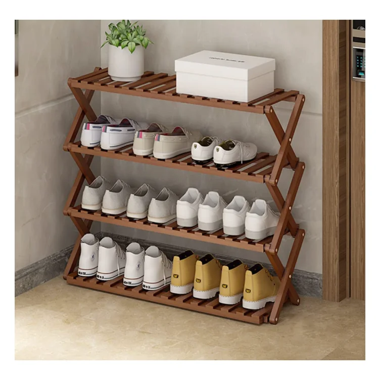 Rustic 4 tier shoe rack for entryway bedroom freestanding wooden folding shoe rack