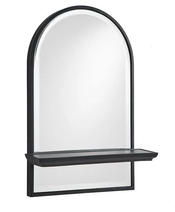 Arched black metal framed wall mirror with shelf for bathroom