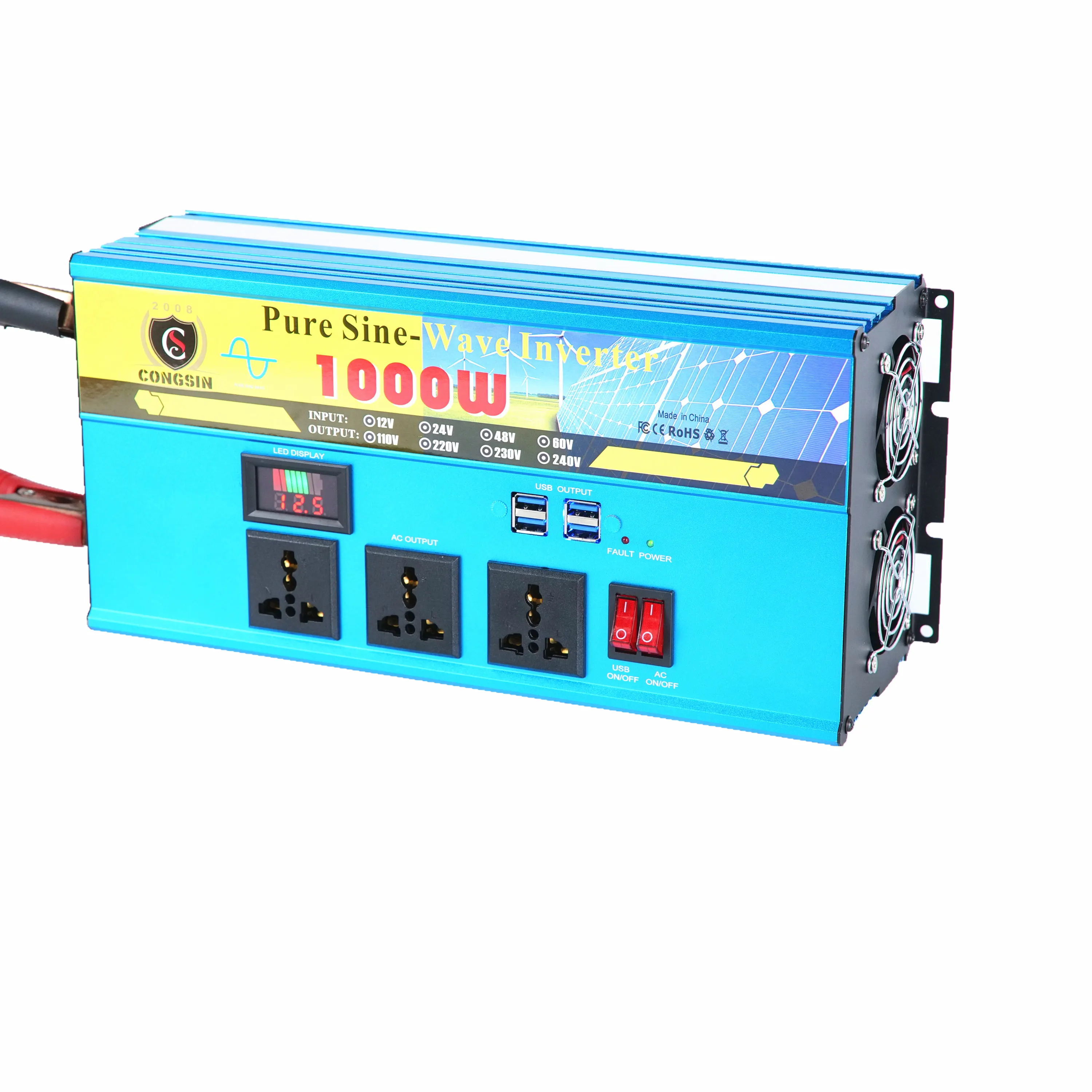 1000W Pure Sine Wave Inverter 12V 24V DC/AC 110V 220V Solar Inverter with 4 USB Ports 3 Sockets