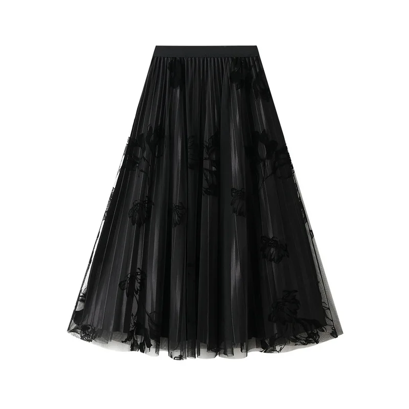 2024 Spring Autumn New Style Plush Flower Organza Skirt Reversible Wear Pleated Midi Skirt for Women Doublesided Wearing Design
