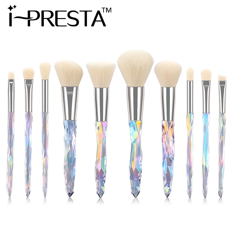 IPRESTA Private label 10pcs Diamond Crystal Makeup Brushes Transparent Crystal Handle Makeup Brush Set