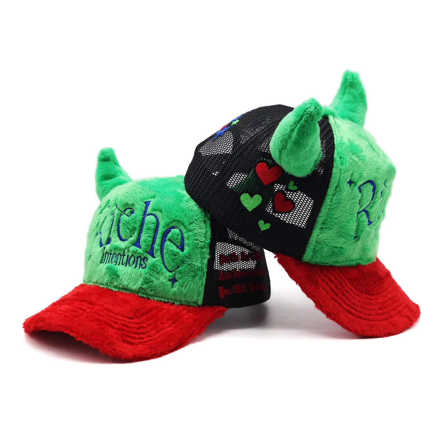 2024 custom cute devil embroidery logo 5 panel chapeau men women fuzzy velvet trucker hat with horns