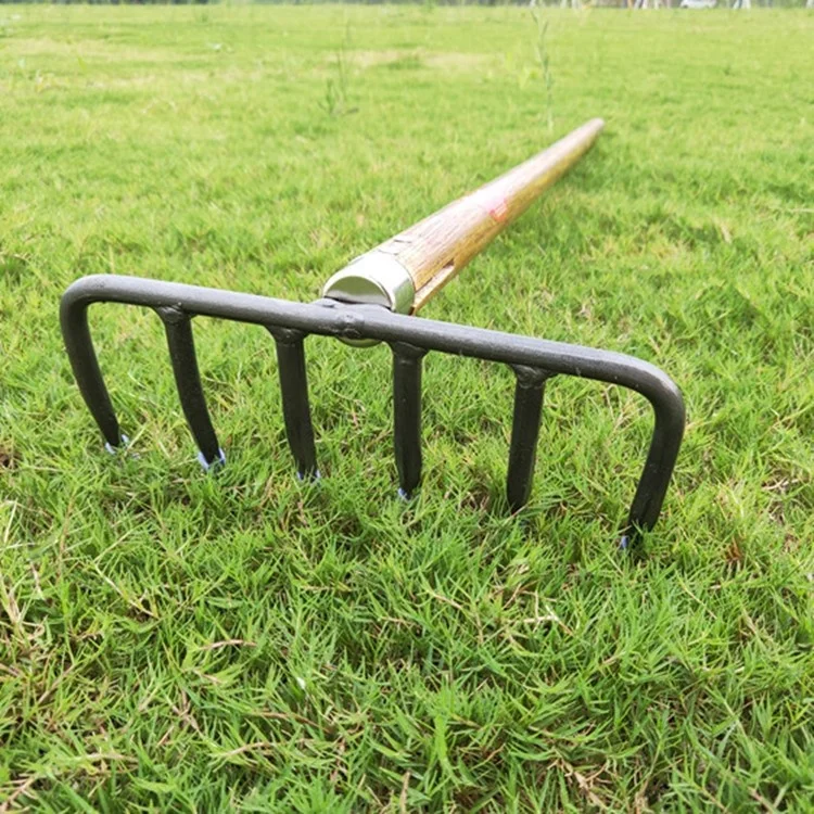 
6 tines long wood handle garden hand tools forged lawn rake 