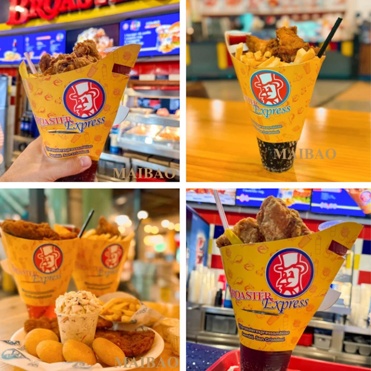 Disposable 2 in 1 drink and snack cups fries fried chicken divider paper cone juice takeaway cup food container cup with straw