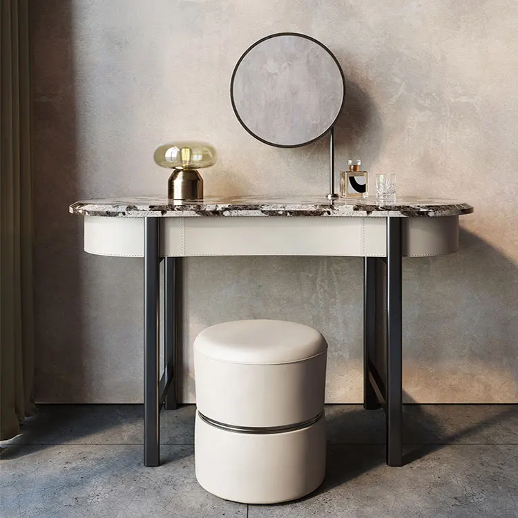 Mirrored Makeup Table Marble Top Dresser Table Bedroom Furniture Dressing Table with Walnut Solid Wood Led