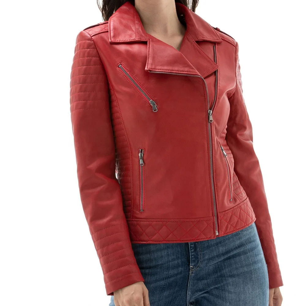 New Biker Style Womens Red Colored Leather Jackets Fully Customized With Internal Soft Viscose Lining Front closure Style Zipper