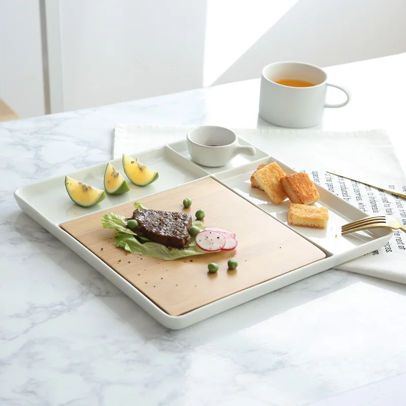 Creative 12.5inch Rectangle Matte Glazed Ceramic Plate With Removable Bamboo Board White Divide Steak Dinner Plate