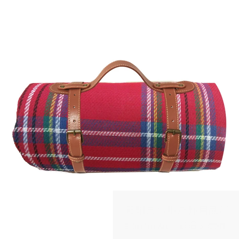 Thickened Acrylic Picnic Blanket Belt Handheld Outdoor Camping Blanket Multiple Classic Striped Plaid Velvet Camping Tent Mat