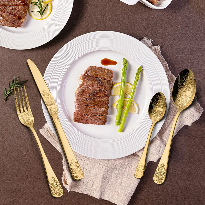 Hot Selling Cubiertos Dorados Couverts Talher Besteck  Inox Cucharas Eating Utensils Flatware Gold Cutlery Set