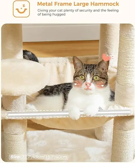 Factory Cat Tree with Metal Plush Hammock Cat Tower with 2 Door Condo House 6 Tier Cat Shelves with Scratching Posts