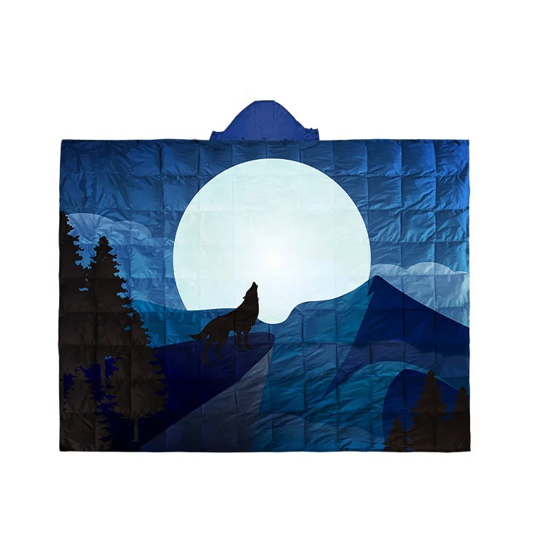 Custom Colorful Puffy Detachable Hooded Blanket Outdoor Picnic Camping Hiking Waterproof Portable Duck Down Blanket