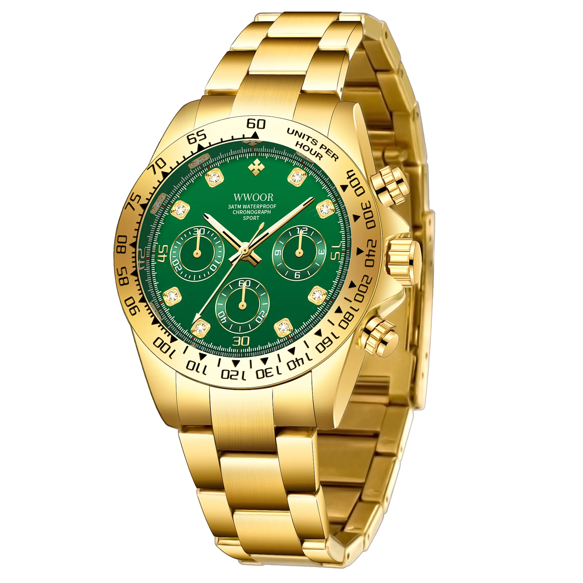High quality wwoor gold quartz luxury charm chronograph second hand watch sports stainless steel men waterproof quartz watch