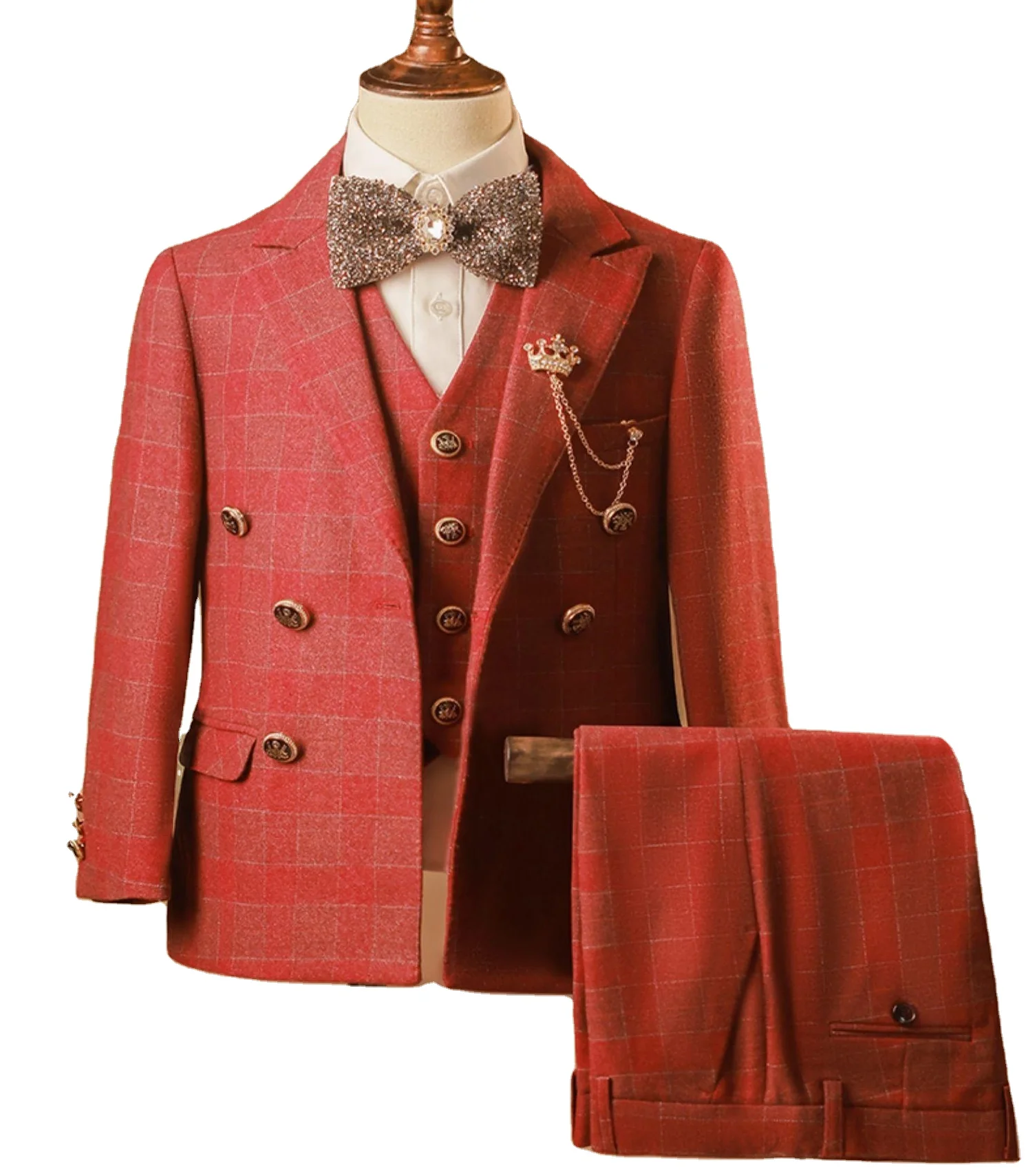 3 Pieces Boys Suits Set For Wedding Party Kids Plaid Blazer Vest Pants Child Suits Prom Costume