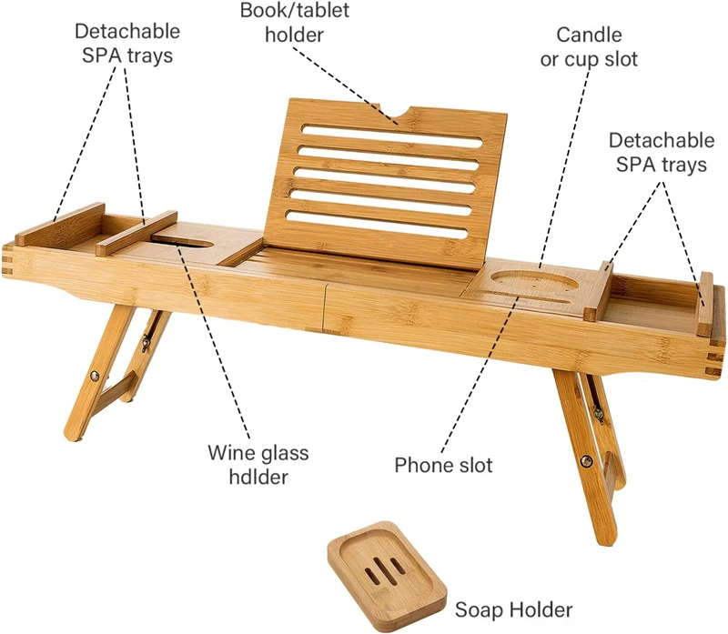 Wholesale Natural Bamboo Luxury Bathtub Caddy Tray with Extending Sides and Foldable Legs