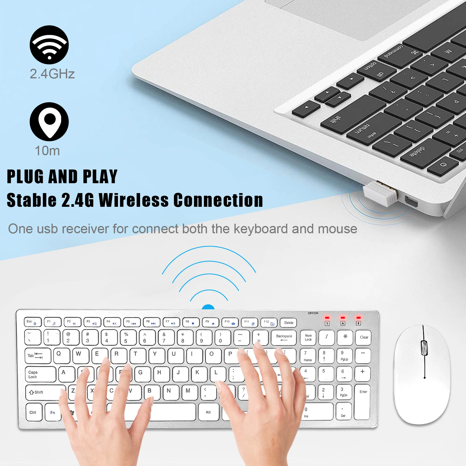 Ergonomic Compact  2.4G USB Nano Full Size 102 Key Scissors-key Quiet Wireless Keyboard and Mouse Combos