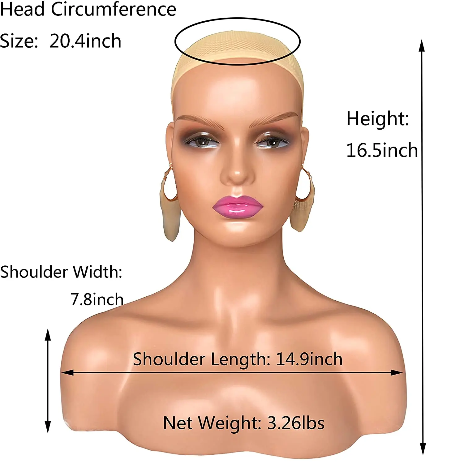 Light Brown  Mannequin Head Black Female Mannequin Manikin Head Bust for Wig Display with Earring Hole