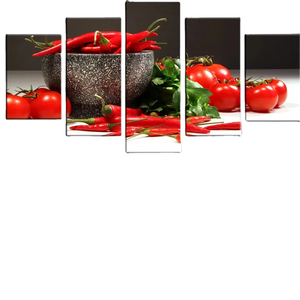 5 Panels Modern Home Decor HD Print  Canvas Oil Painting Chili Pepper Tomato Wall Painting Decor for Kitchen Room