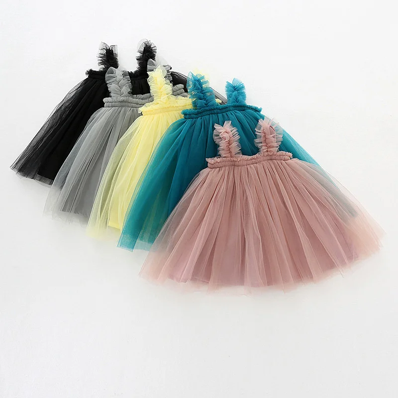 summer 2 year old girl fancy mesh tulle white cute sleeveless sling pure color princess puff skirt casual baby dress girls