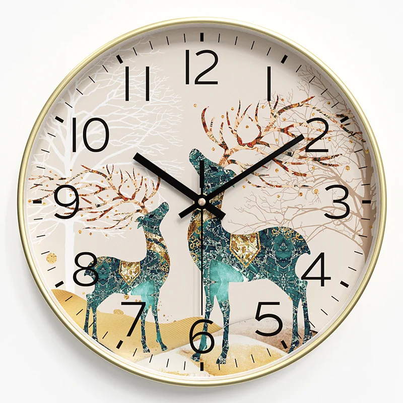 Customize 12 Inch Circular Deer Wall Clock Classic Abstract Hanging Home Decor for Living Room Electric Motive