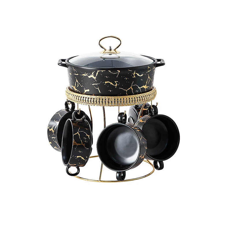 Черно-белые и мраморные золотые суповые горшки с небольшими мисками для обслуживания 6 набор посуды тушеной крышкой
