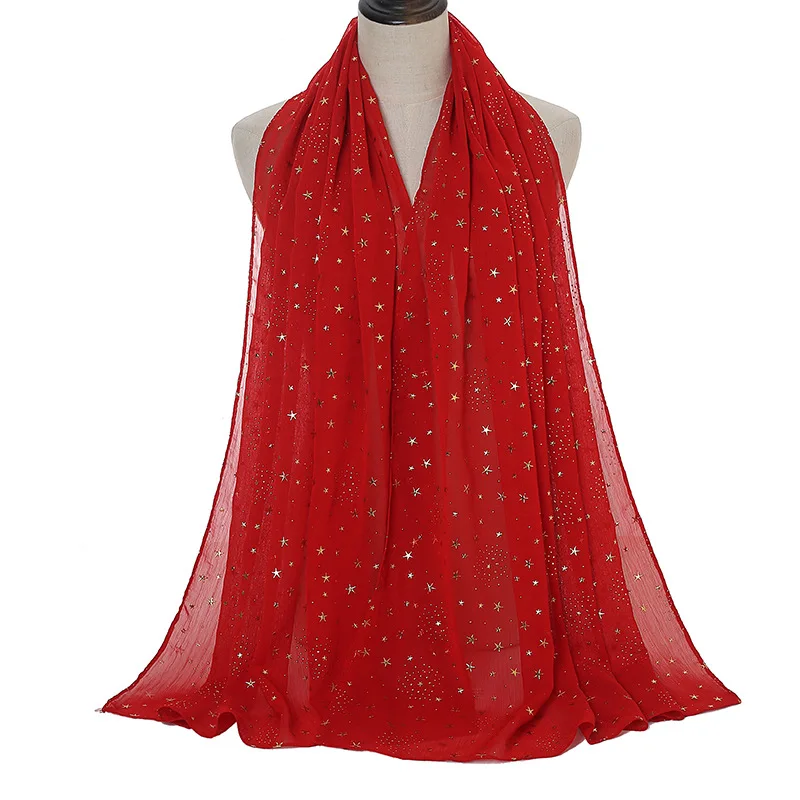 GHS022 Manufacturer Wholesale New Gold Star Decoration Lady Long Chiffon Hijabs Scarves
