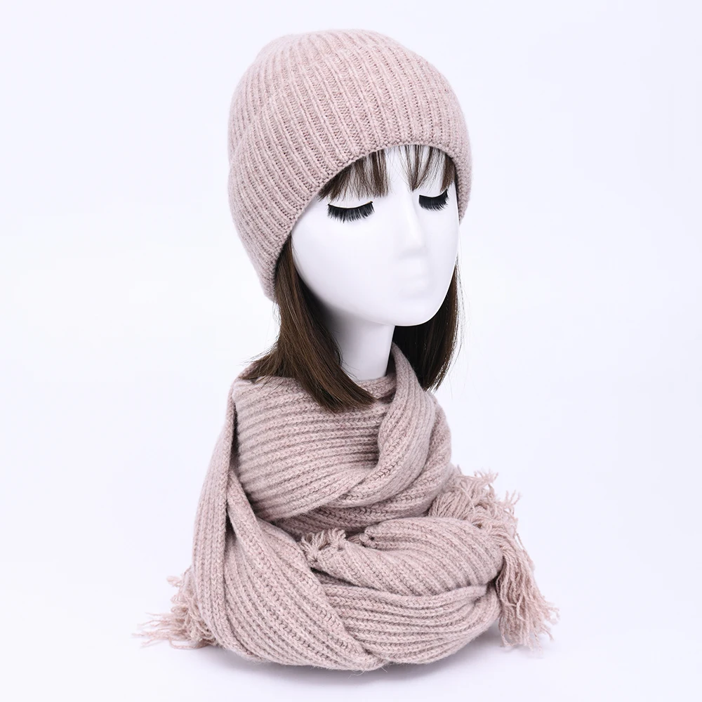 Fashion Outdoor Thick Warm Striped Wool Knit Beanie Long Scarves Luxury Wholesale Wool Knitted Ladies Winter Hats and Scarf Set